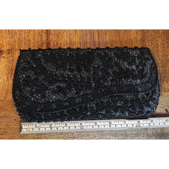VTG Handmade Hong Kong Womens Evening Bag Clutch Purse Black Beaded Sparkly - Picture 2 of 8